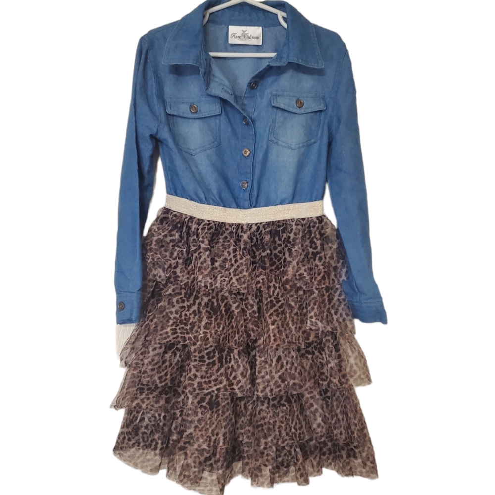 Girl's size 7 Rare Editions blue jean with layered leopard print bottom dress